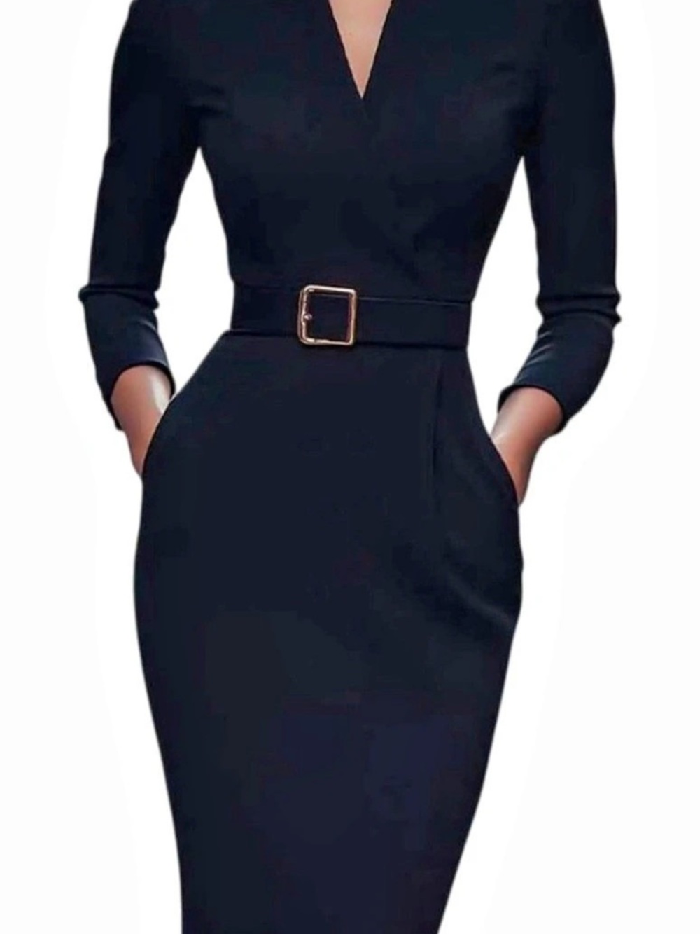 Black Belted Long Sleeve Midi Dress Like New